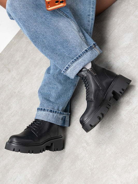 Black Leather Ankle Boots with Chunky Sole