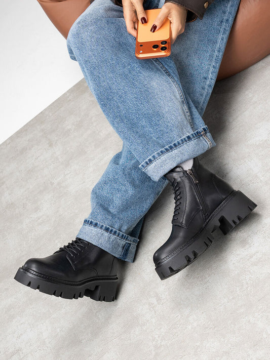 Black Leather Ankle Boots with Chunky Sole
