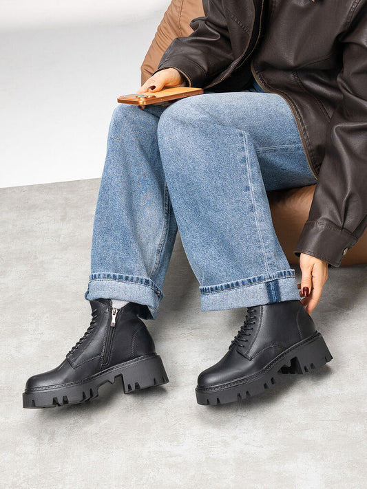 Black Leather Ankle Boots with Chunky Sole
