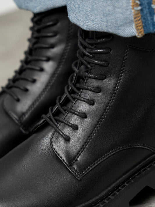 Black Leather Ankle Boots with Chunky Sole