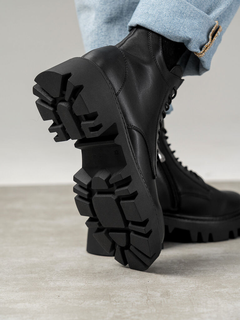 Black Leather Ankle Boots with Chunky Sole