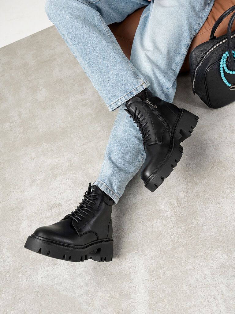 Black Leather Ankle Boots with Chunky Sole