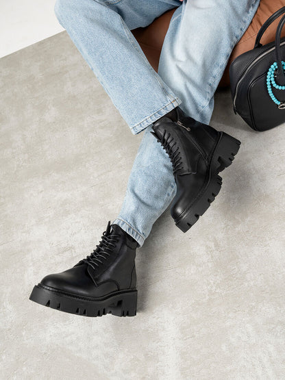 Black Leather Ankle Boots with Chunky Sole