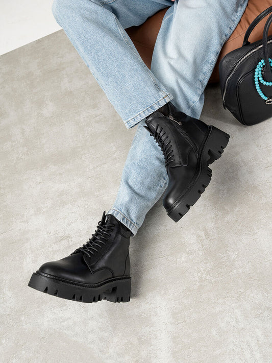 Black Leather Ankle Boots with Chunky Sole