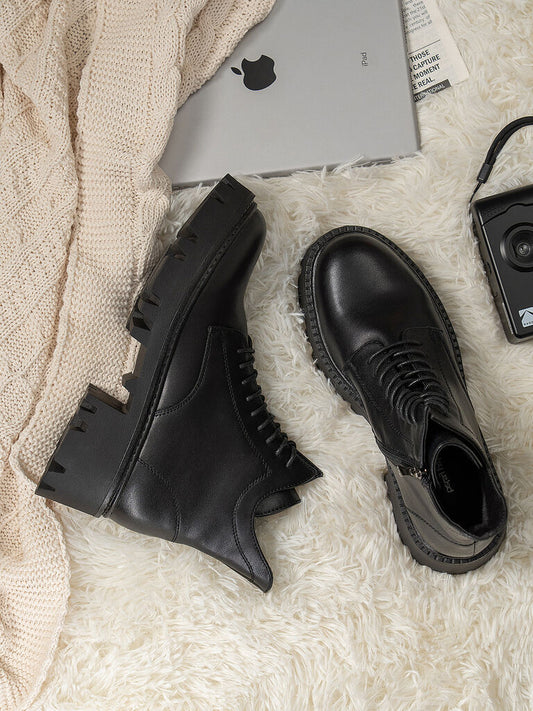 Black Leather Ankle Boots with Chunky Sole