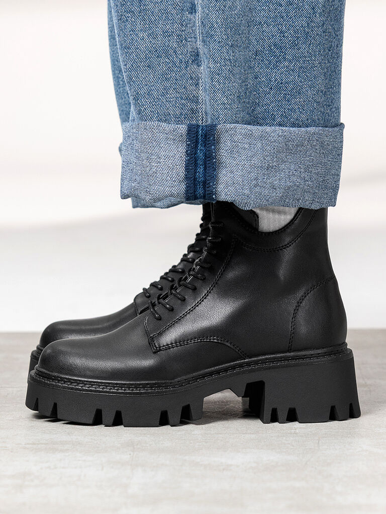 Black Leather Ankle Boots with Chunky Sole