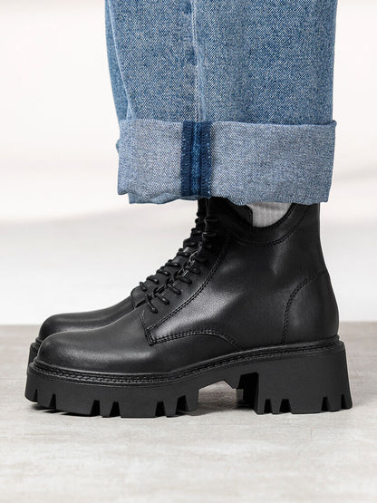 Black Leather Ankle Boots with Chunky Sole