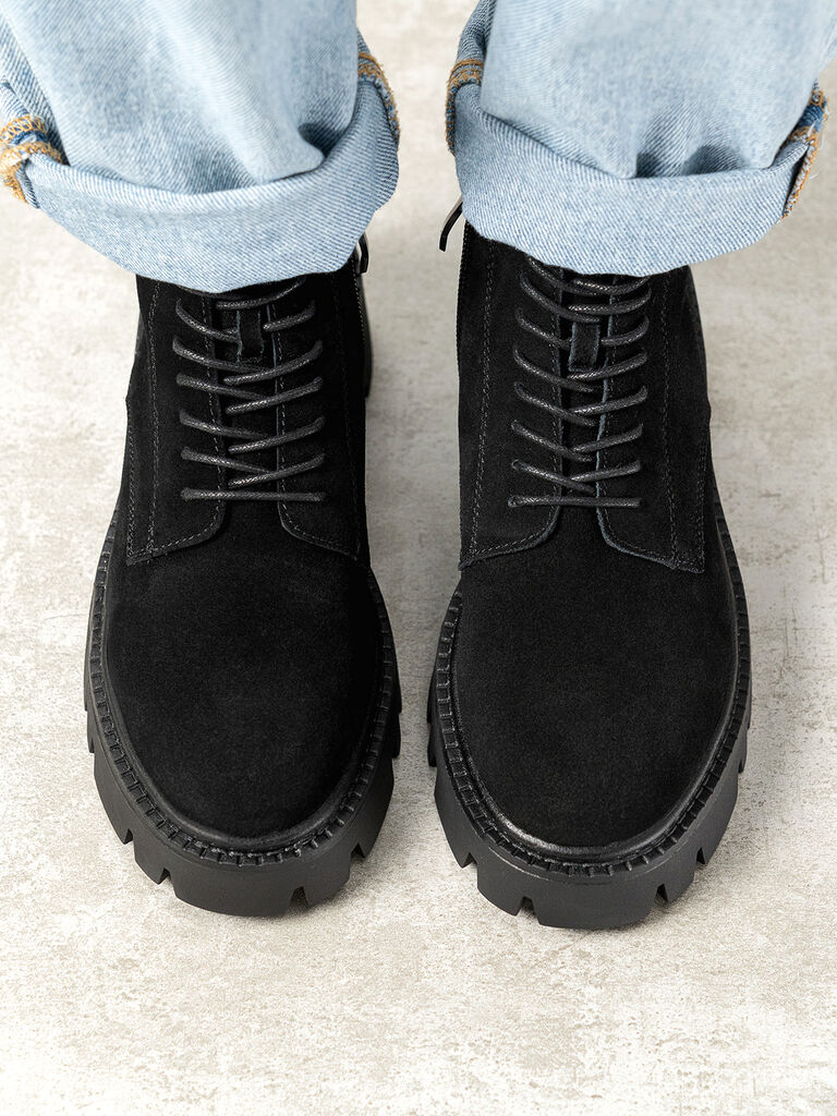 Black Suede Lace-Up Chunky Sole Boots