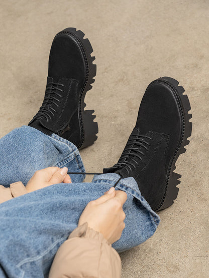Black Suede Lace-Up Chunky Sole Boots