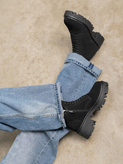Black Suede Lace-Up Chunky Sole Boots