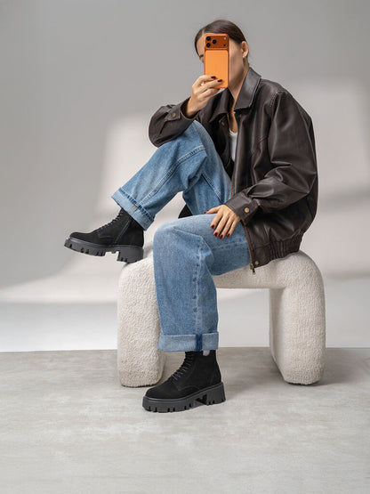 Black Suede Lace-Up Chunky Sole Boots