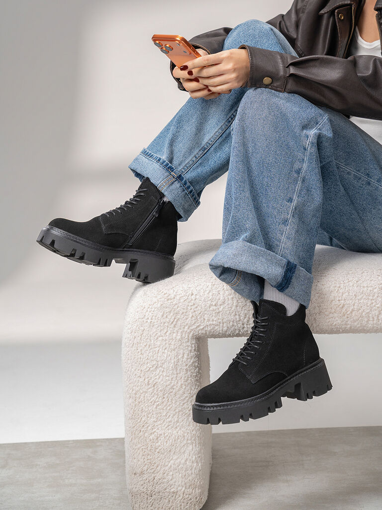 Black Suede Lace-Up Chunky Sole Boots