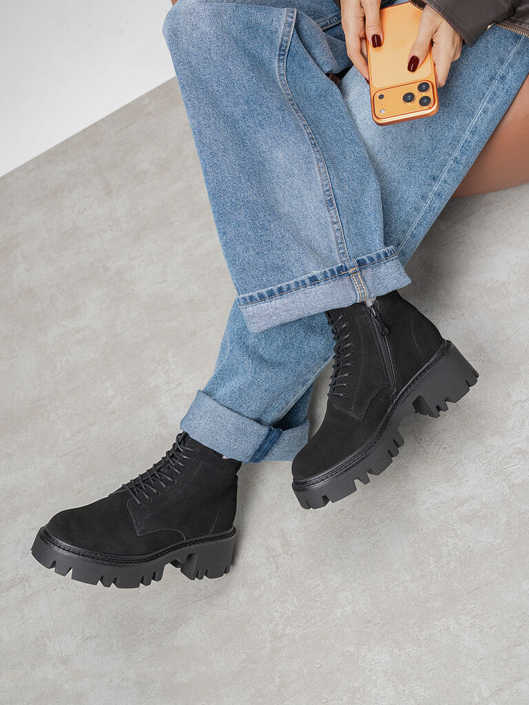 Black Suede Lace-Up Chunky Sole Boots