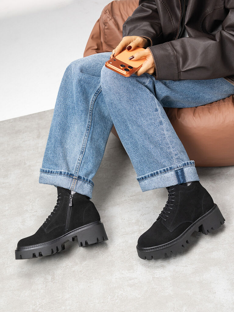 Black Suede Lace-Up Chunky Sole Boots