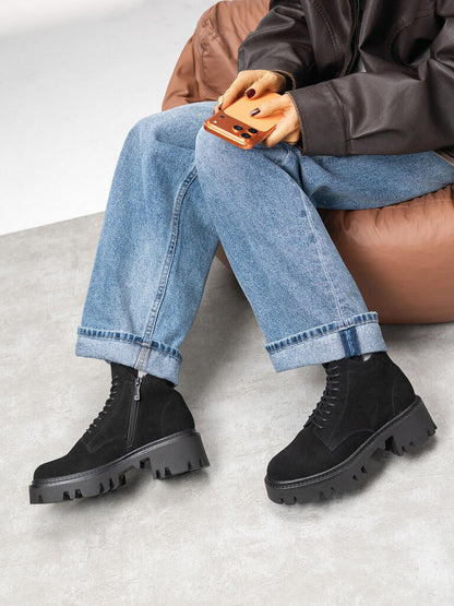 Black Suede Lace-Up Chunky Sole Boots
