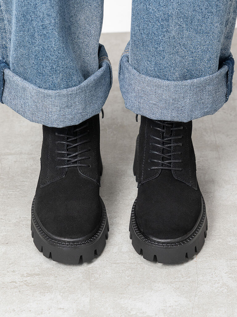 Black Suede Lace-Up Chunky Sole Boots