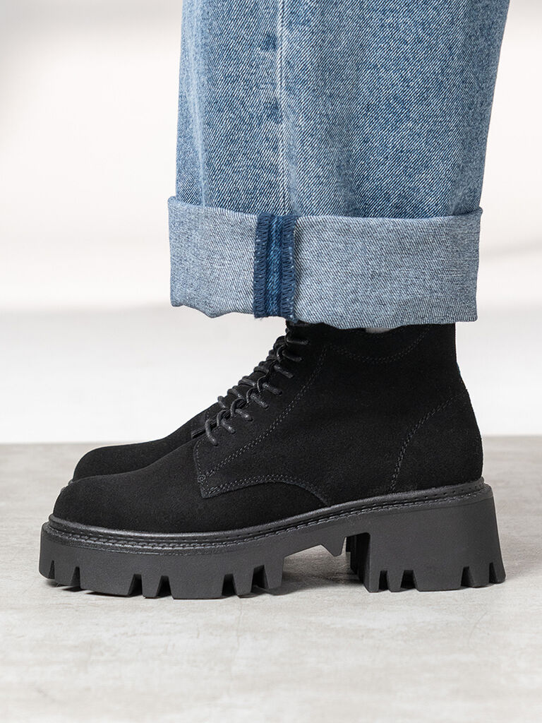 Black Suede Lace-Up Chunky Sole Boots