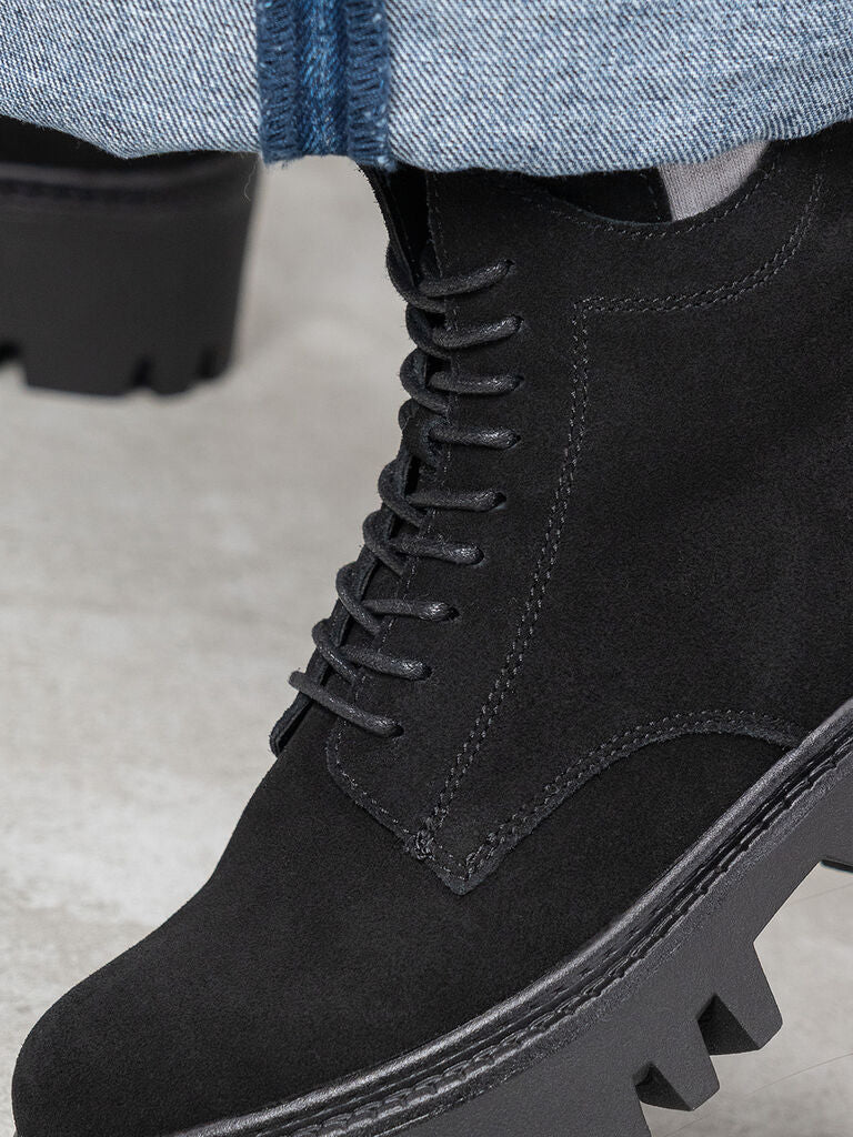 Black Suede Lace-Up Chunky Sole Boots