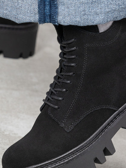 Black Suede Lace-Up Chunky Sole Boots