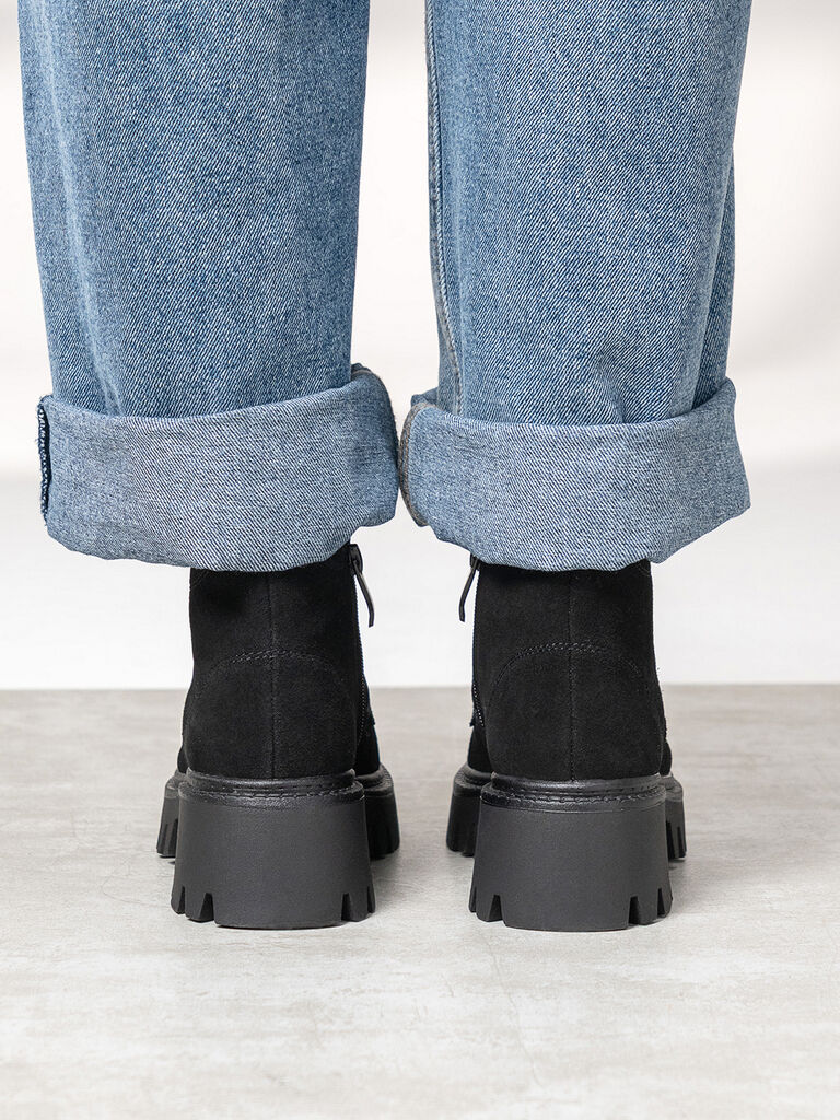 Black Suede Lace-Up Chunky Sole Boots