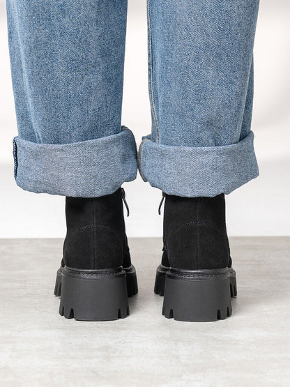 Black Suede Lace-Up Chunky Sole Boots