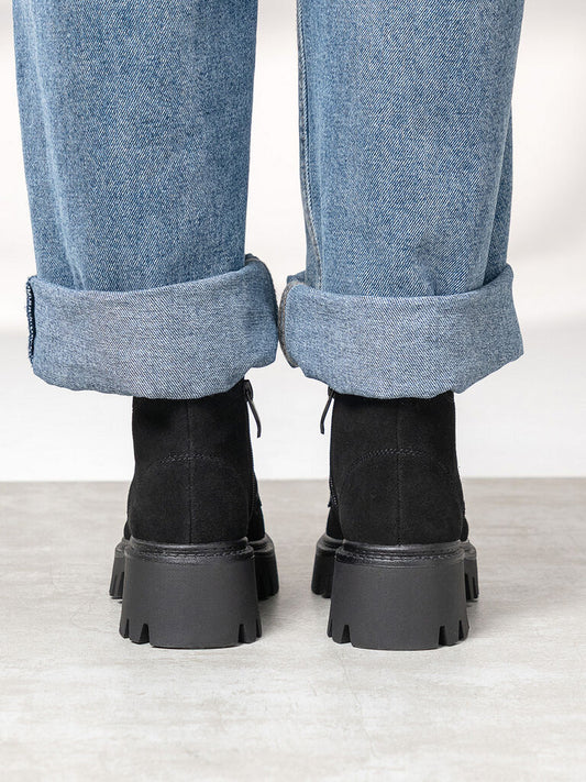 Black Suede Lace-Up Chunky Sole Boots