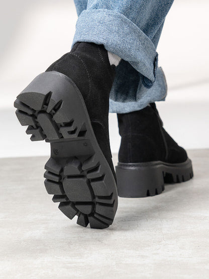 Black Suede Lace-Up Chunky Sole Boots