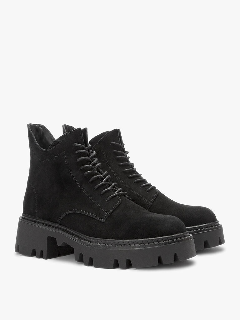 Black Suede Lace-Up Chunky Sole Boots
