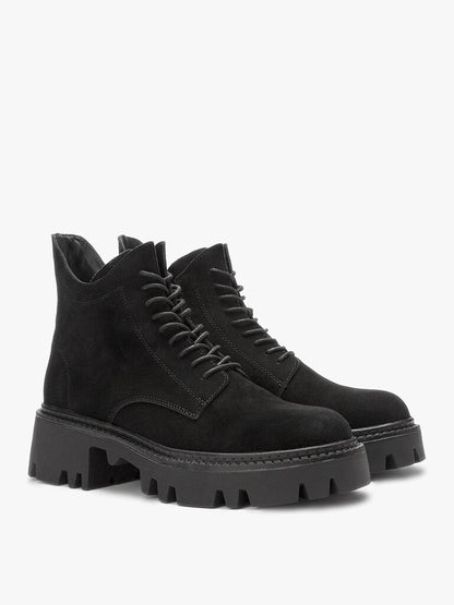 Black Suede Lace-Up Chunky Sole Boots