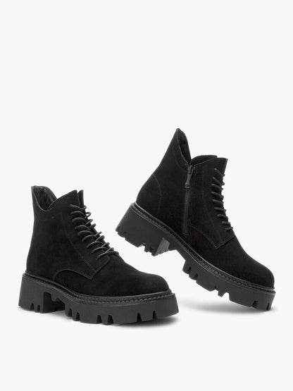 Black Suede Lace-Up Chunky Sole Boots