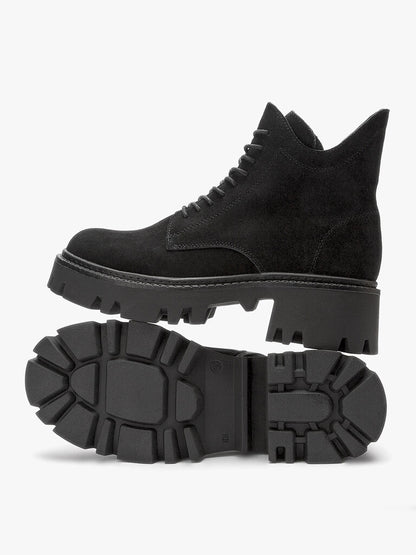 Black Suede Lace-Up Chunky Sole Boots