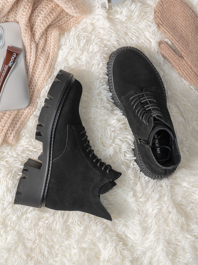 Black Suede Lace-Up Chunky Sole Boots