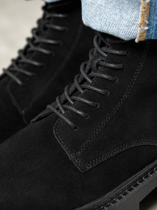 Black Suede Lace-Up Chunky Sole Boots