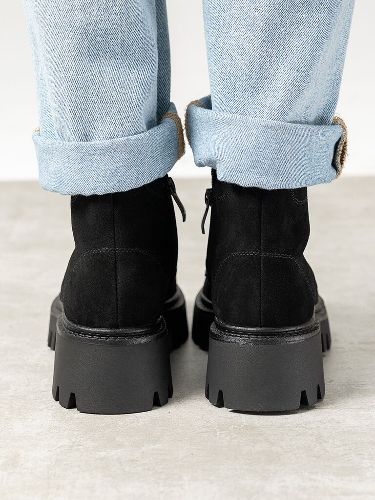 Black Suede Lace-Up Chunky Sole Boots