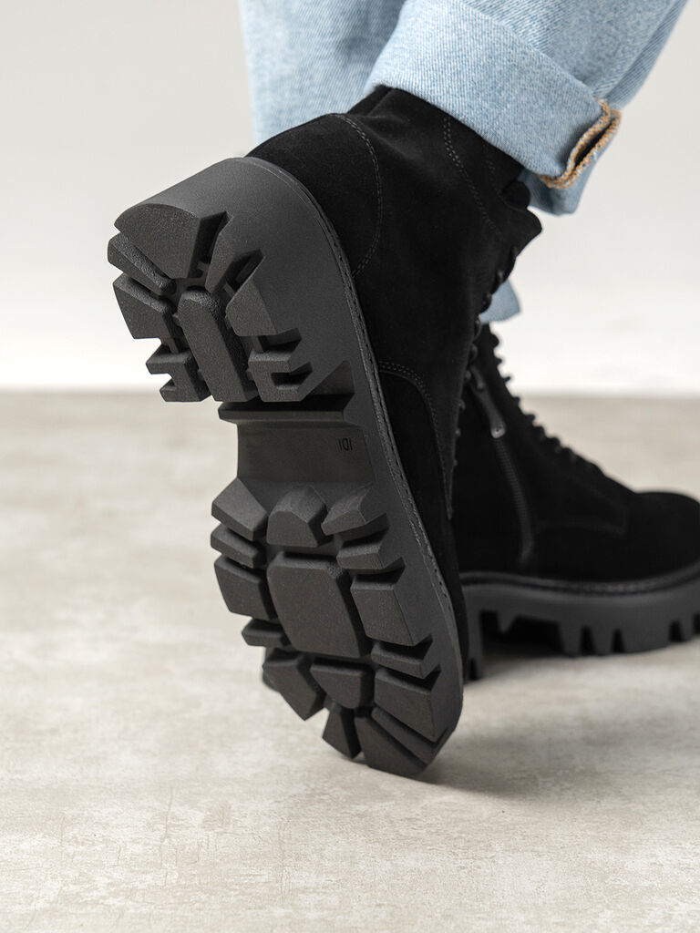 Black Suede Lace-Up Chunky Sole Boots