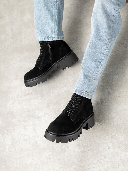 Black Suede Lace-Up Chunky Sole Boots