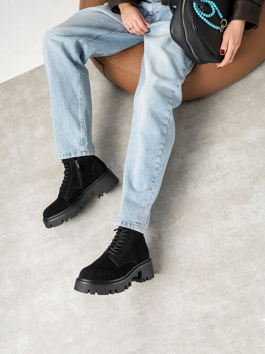 Black Suede Lace-Up Chunky Sole Boots