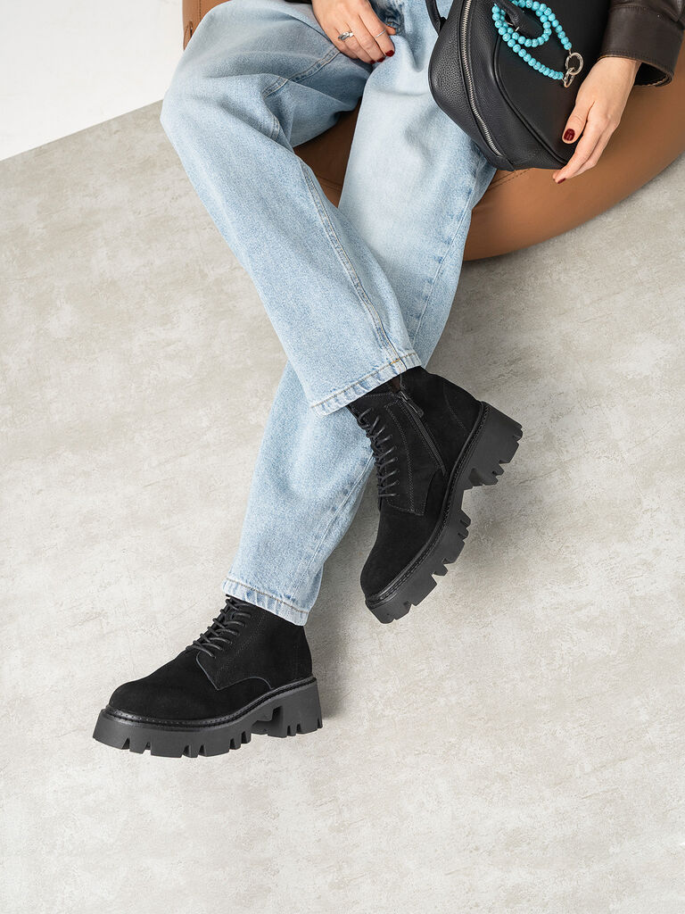 Black Suede Lace-Up Chunky Sole Boots