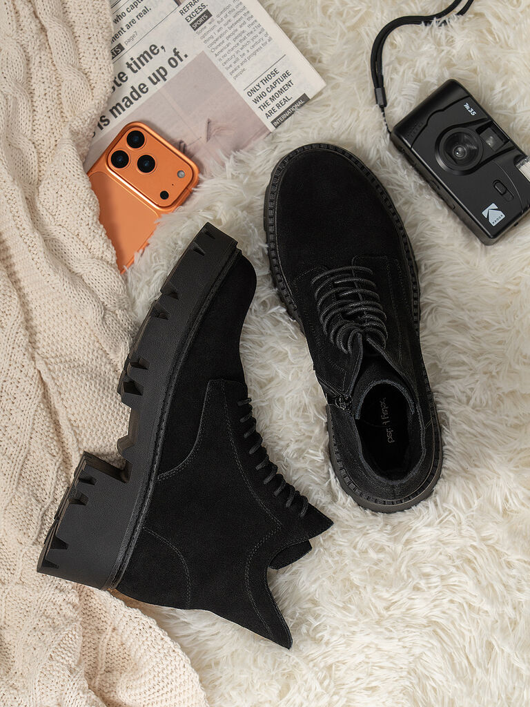Black Suede Lace-Up Chunky Sole Boots