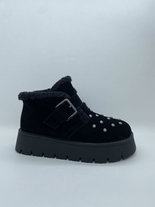 Black Shearling Trim Boot with Pearl Details
