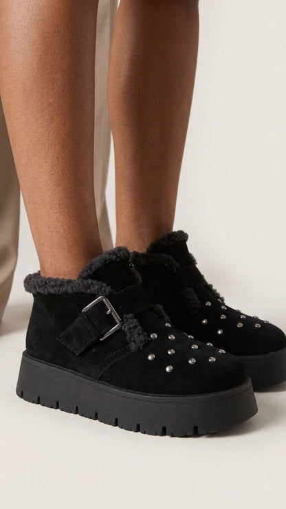 Black Shearling Trim Boot with Pearl Details