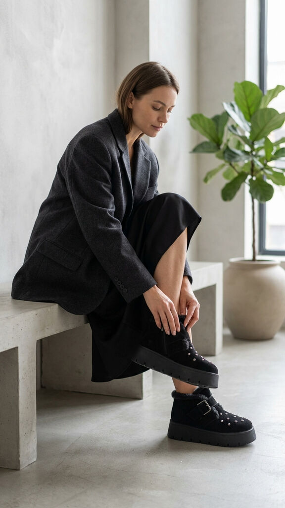 Black Shearling Trim Boot with Pearl Details