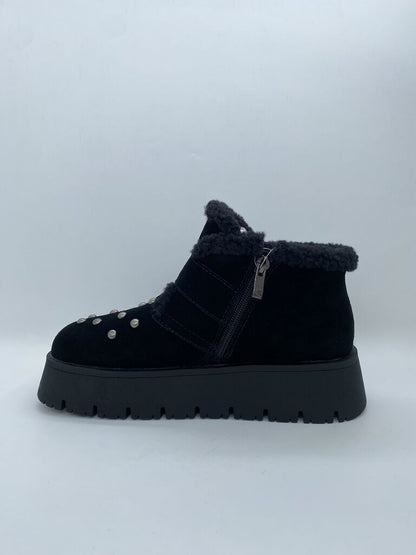 Black Shearling Trim Boot with Pearl Details