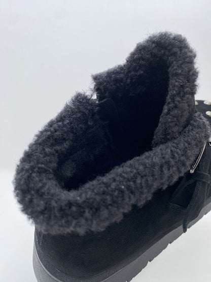 Black Shearling Trim Boot with Pearl Details