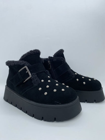 Black Shearling Trim Boot with Pearl Details