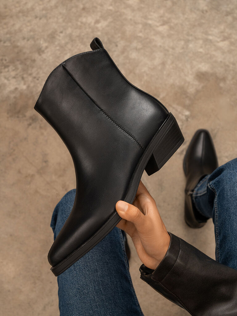 Black Leather Ankle Boots with Low Heel
