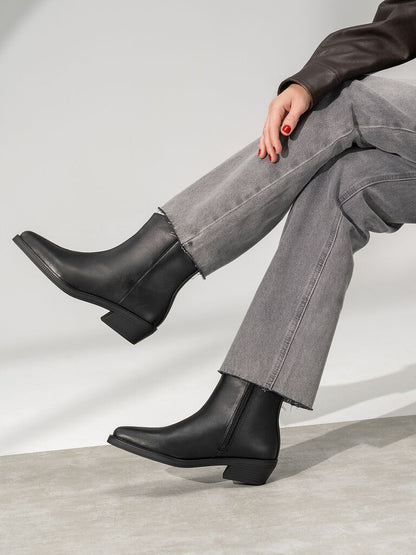 Black Leather Ankle Boots with Low Heel