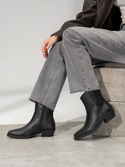Black Leather Ankle Boots with Low Heel