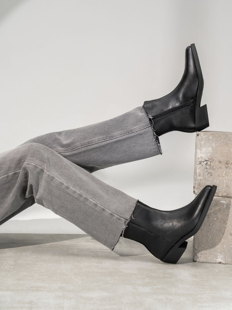 Black Leather Ankle Boots with Low Heel