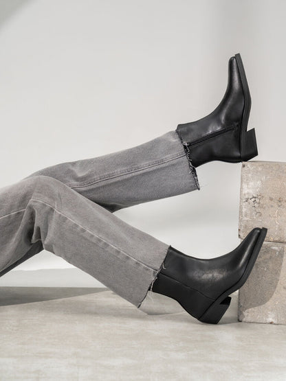 Black Leather Ankle Boots with Low Heel